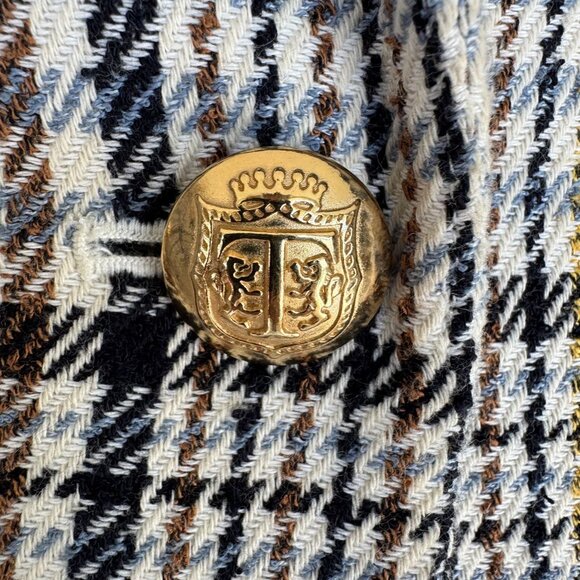Talbots Petite Brown Ivory Blue Plaid Gold Double Breasted Blazer Size 16 Petite - Picture 5 of 15